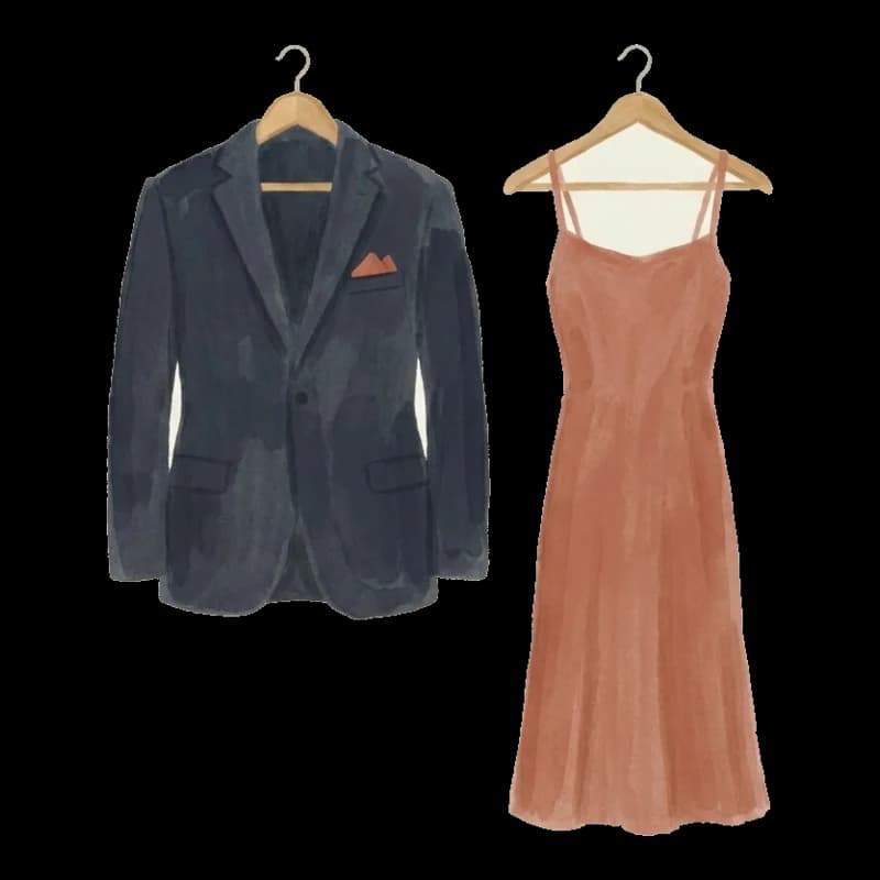 Terno azul-marinho e vestido terracota em cabides, em aquarela