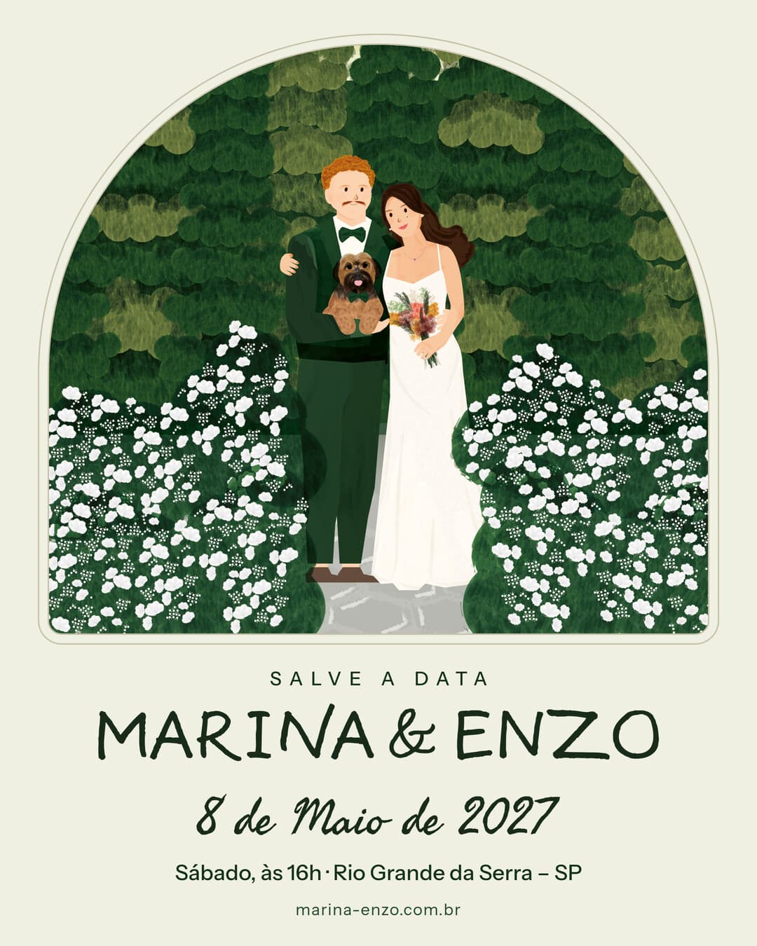 Convite de salve a data do casamento de Marina e Enzo, em 8 de maio de 2027